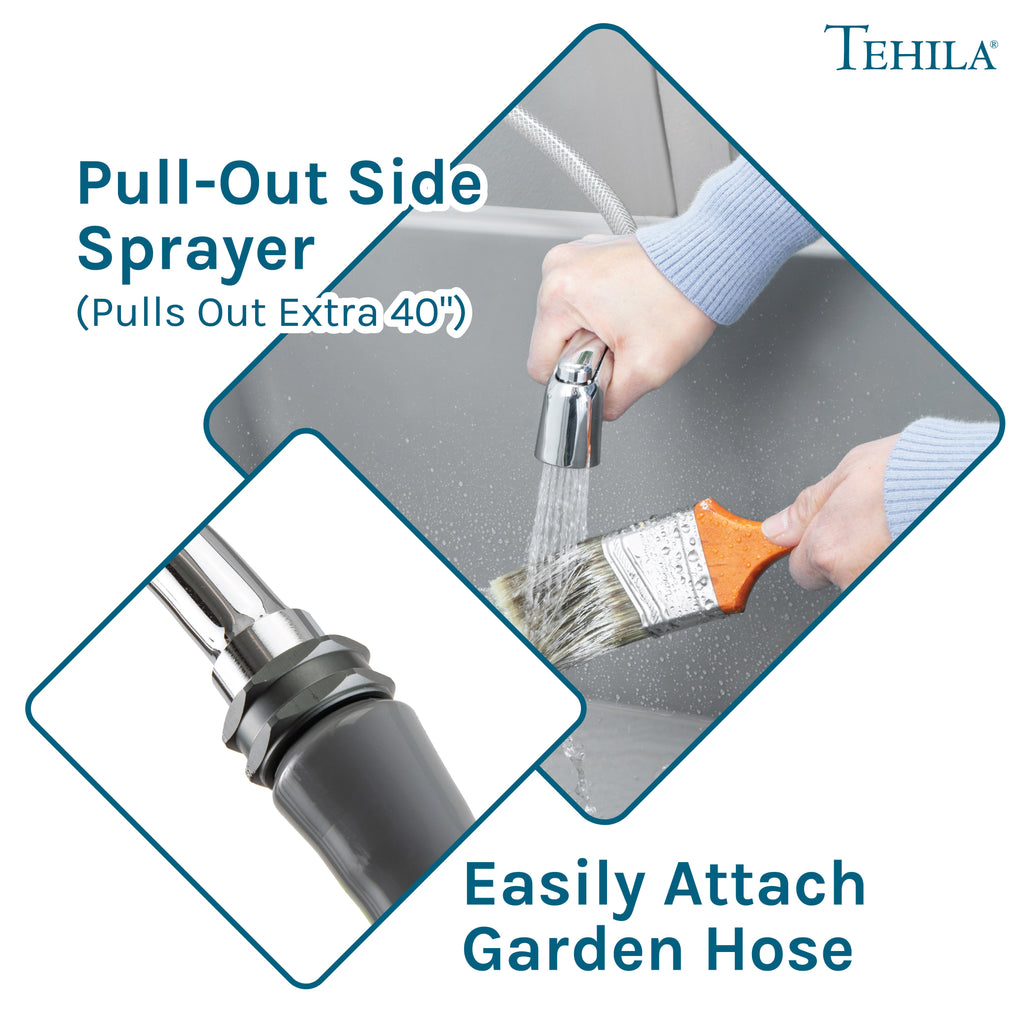 Tehila Space Saver Freestanding Grey Utility Sink with Chrome Finish Gooseneck Faucet and Side Sprayer