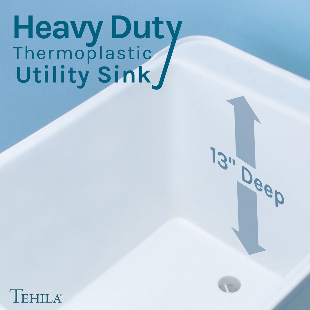 Tehila Space Saver Freestanding White Utility Sink with Black Finish Gooseneck Faucet and Side Sprayer