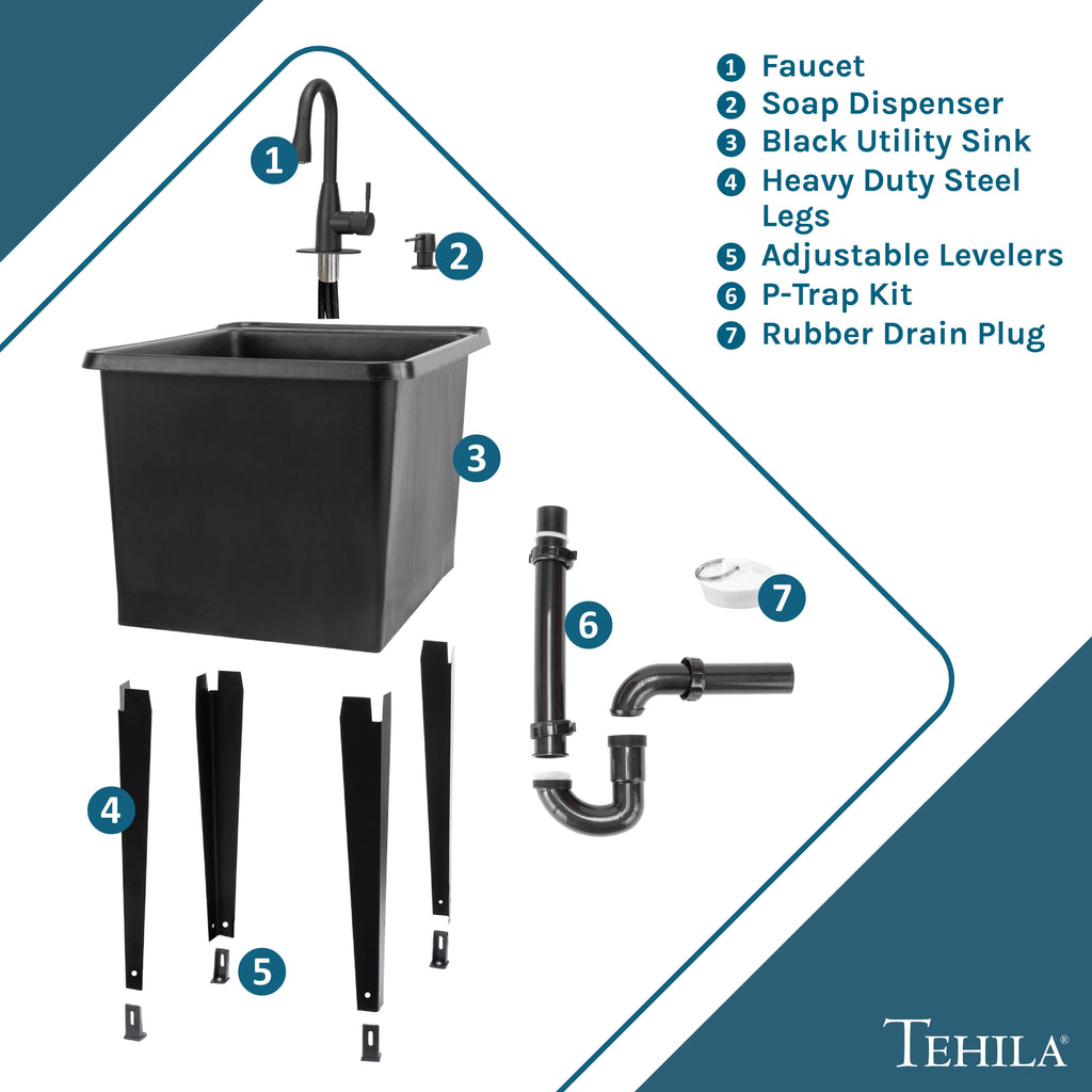 Tehila Space Saver Freestanding Black Utility Sink with Black Finish Low-Profile Pull-Down Faucet