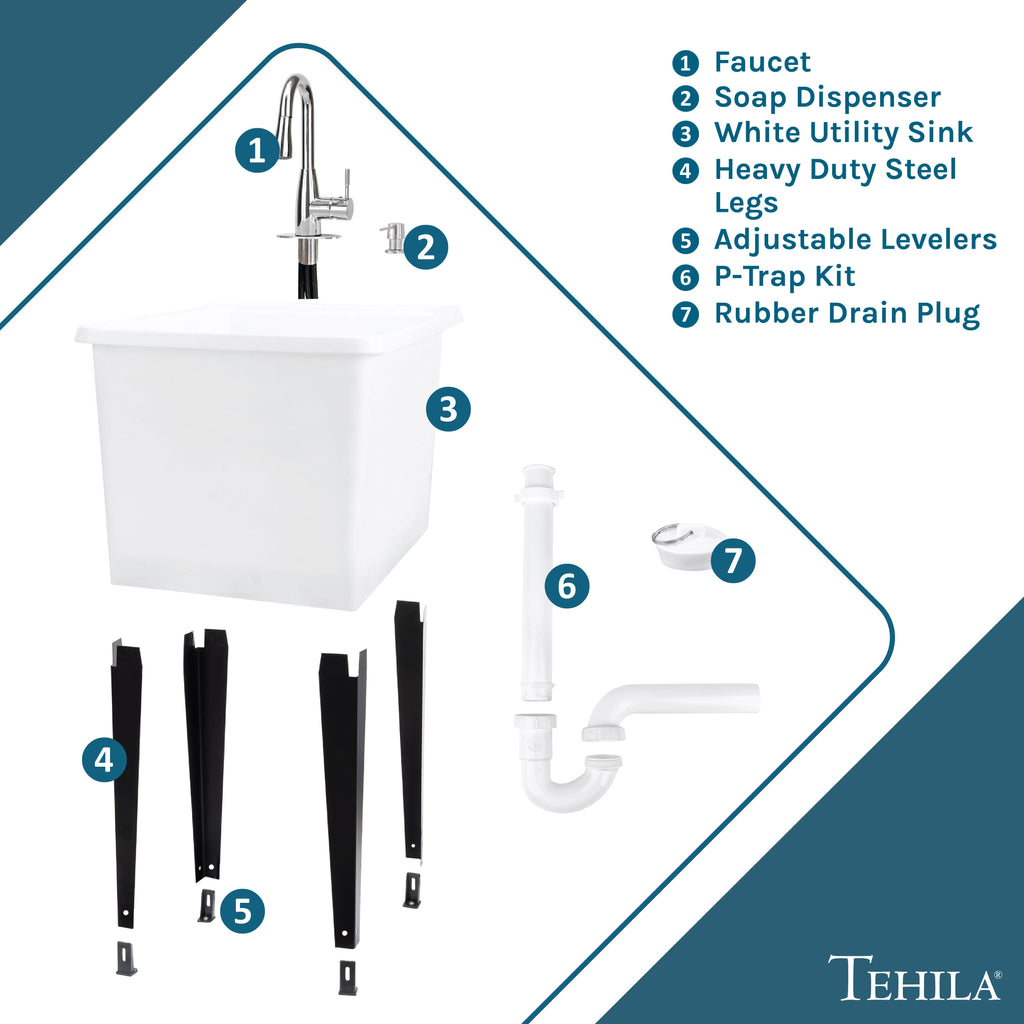 Tehila Space Saver Freestanding White Utility Sink with Chrome Finish Low-Profile Pull-Down Faucet
