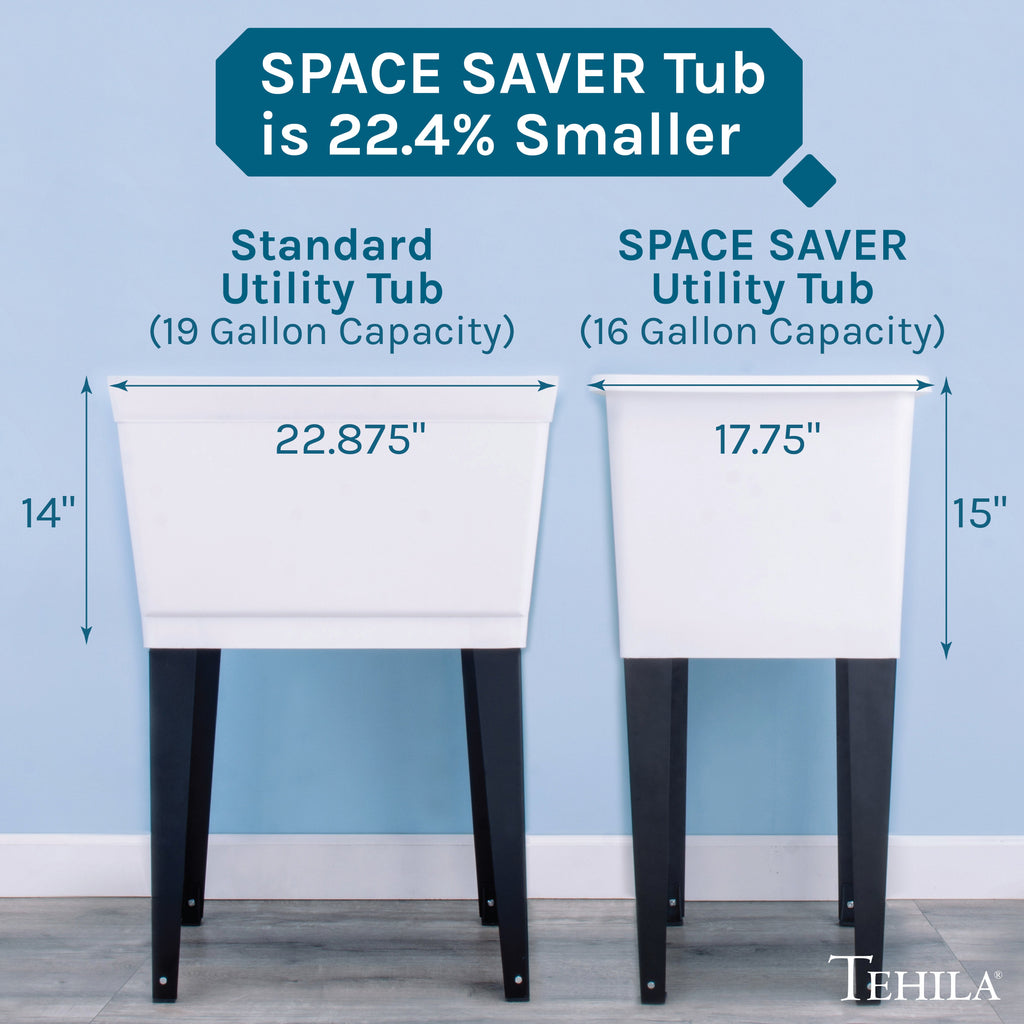 Tehila Space Saver Freestanding White Utility Sink with Stainless Steel Finish Low-Profile Pull-Down Faucet
