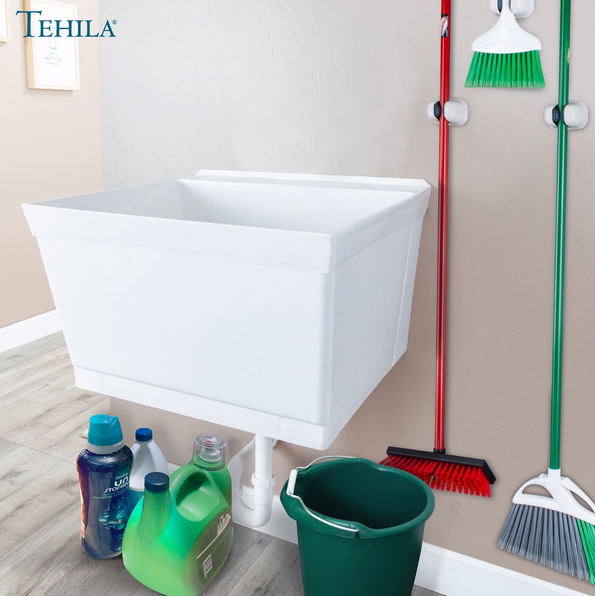 Tehila Standard Wall-Mounted White Utility Sink, Water Supply Lines Included