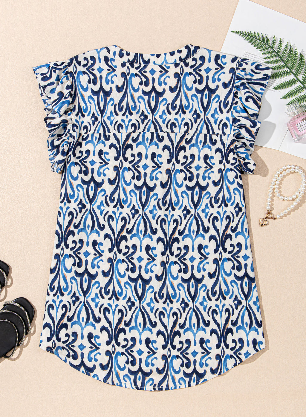 Abstract Boho V-Neck Pintuck Ruffle Sleeve Top