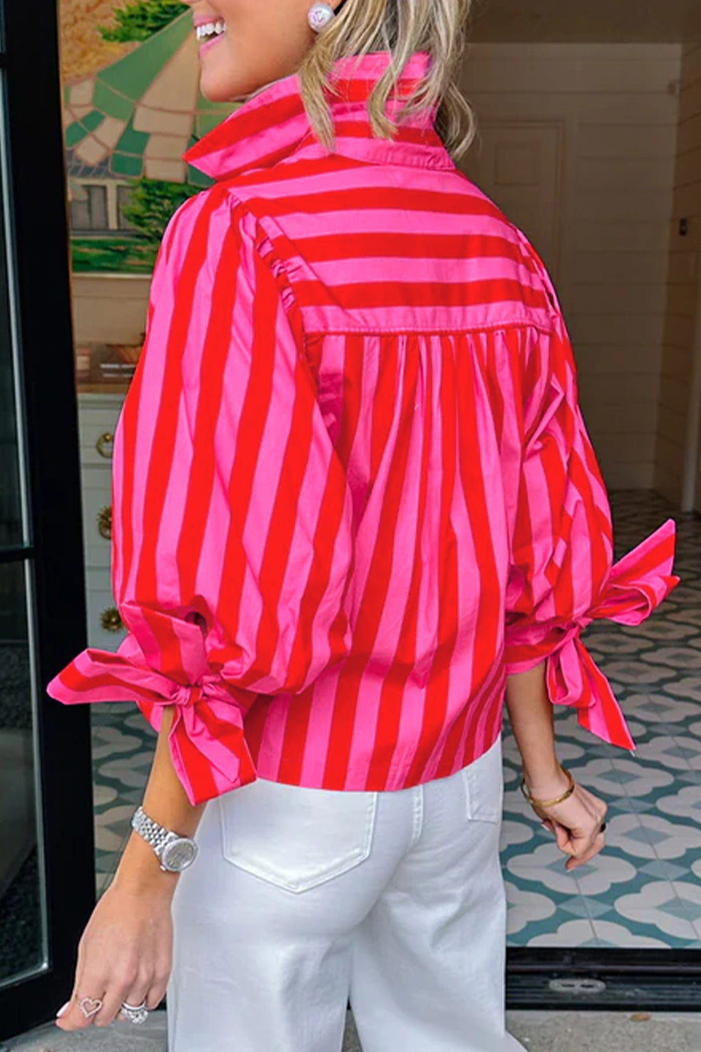 Stripe Tie Puff Sleeve Button Down Shirt