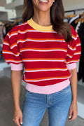 Stripe Colorblock Trim 3/4 Sleeve Sweater Top