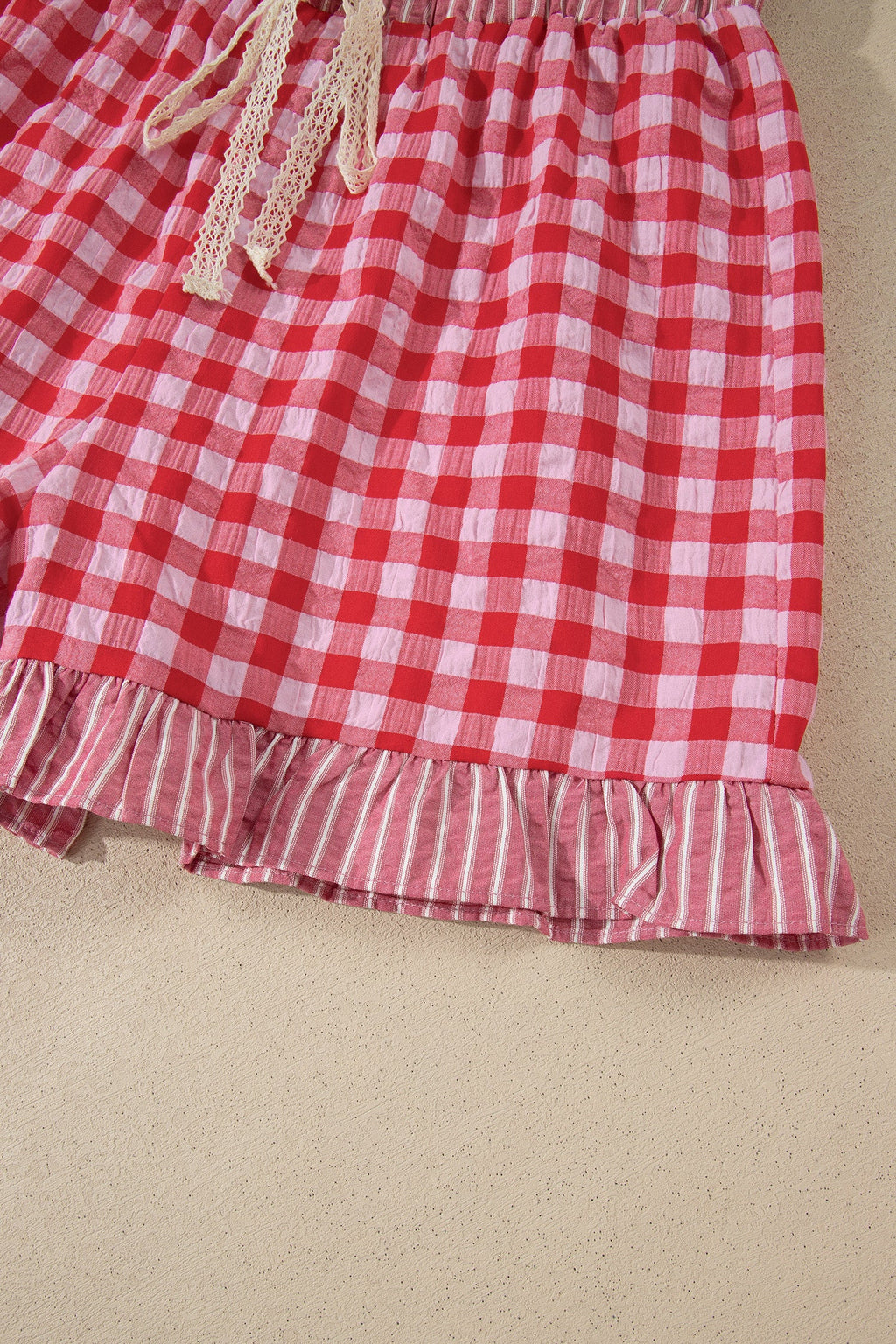 Gingham Ruffle Stripe Patchwork Lace Tie Shorts