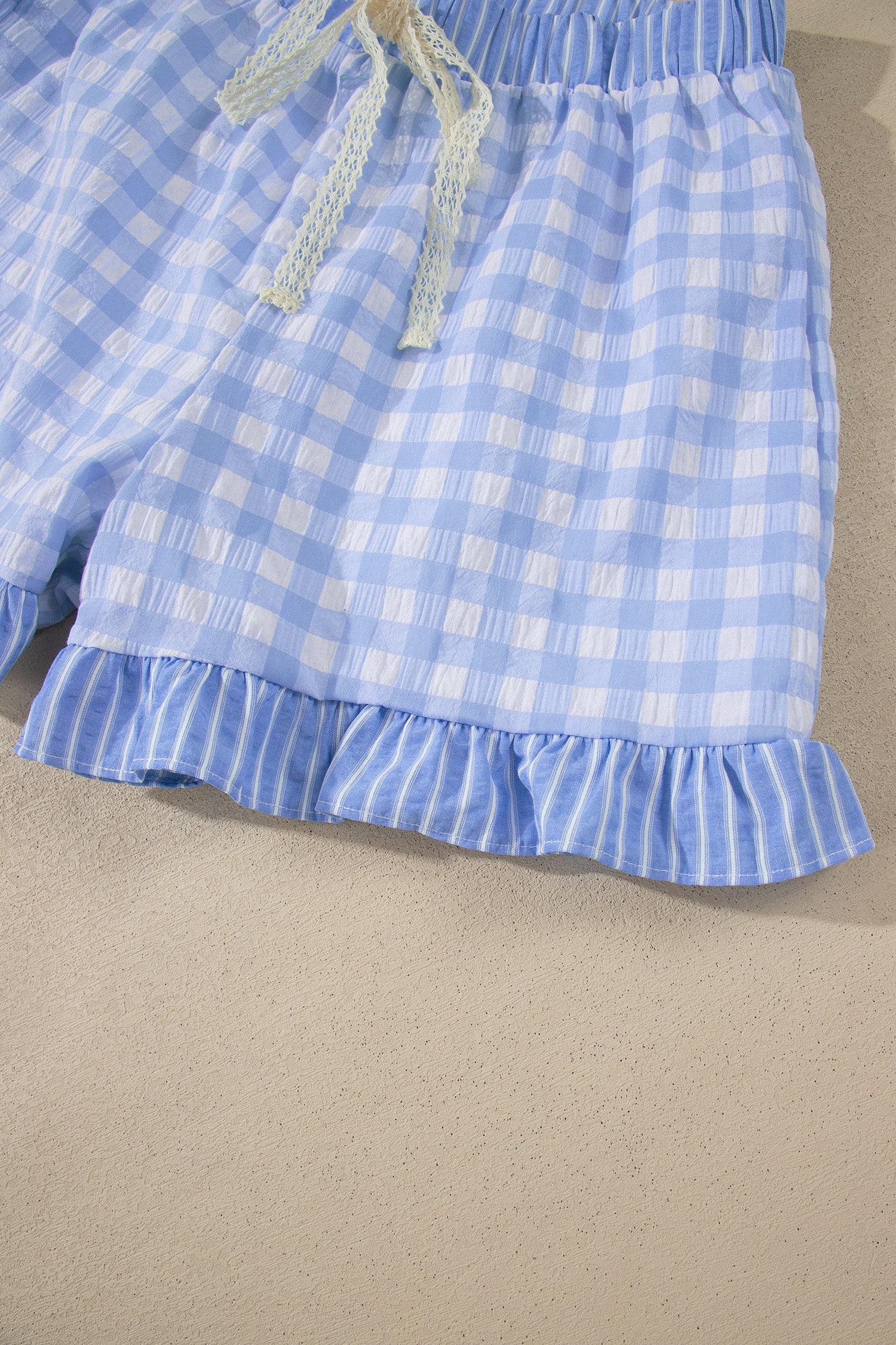 Gingham Ruffle Stripe Patchwork Lace Tie Shorts