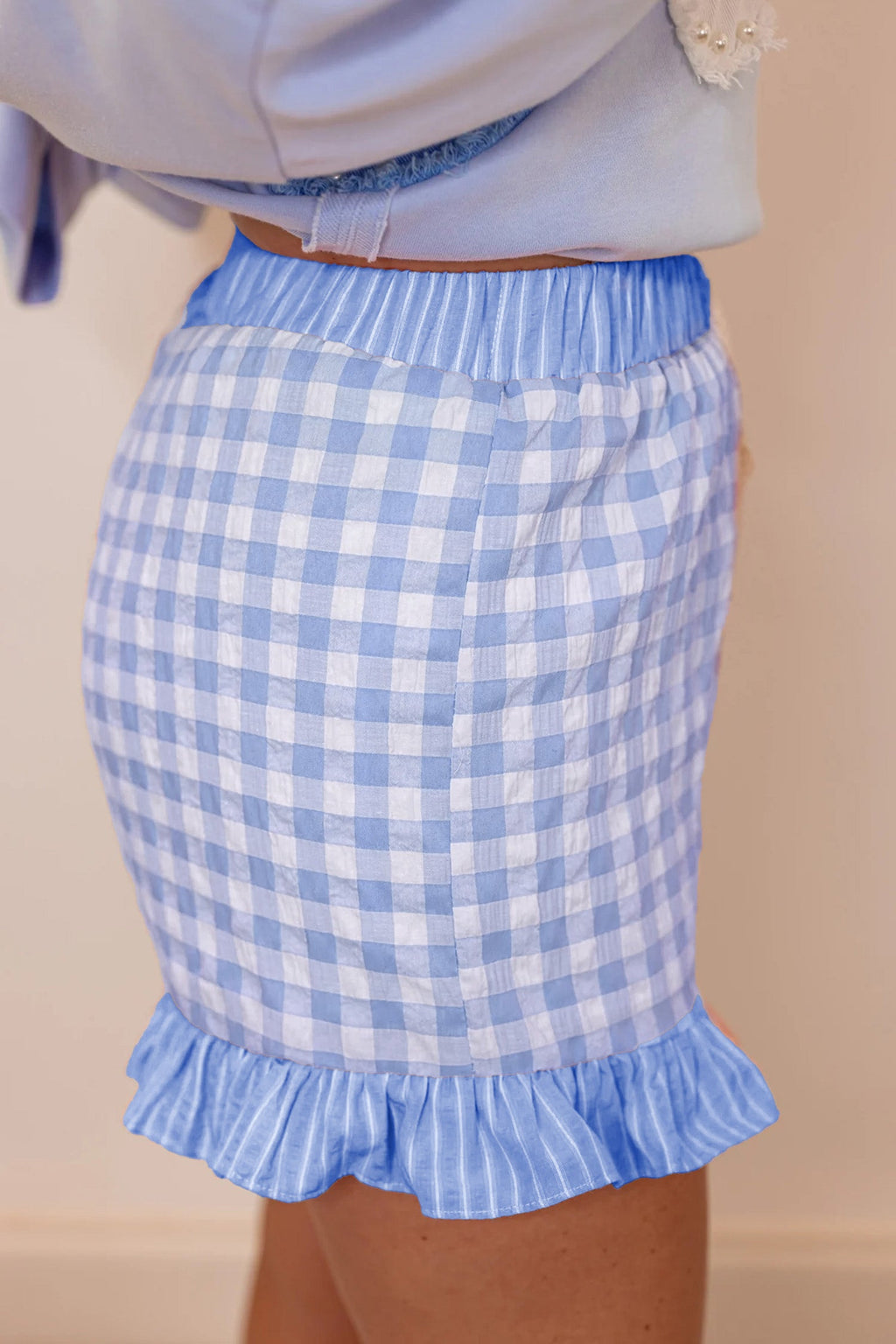 Gingham Ruffle Stripe Patchwork Lace Tie Shorts