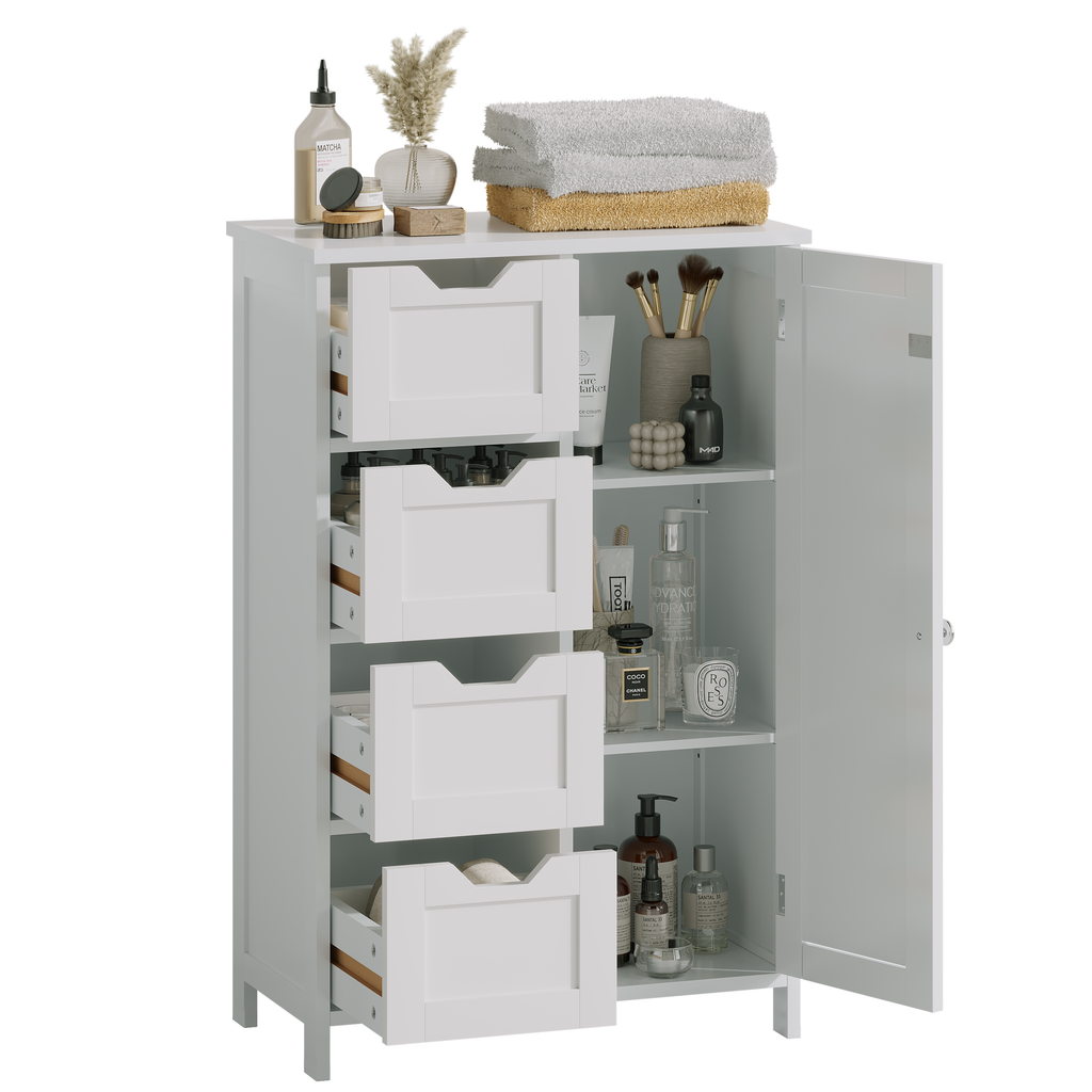 Bathroom Storage Cabinet with 4 Drawers and 1 Door, Freestanding Wooden Floor Organizer for Bathroom, Narrow Storage Cabinet for Small Spaces, Entryway, Living Room or Hallway, White