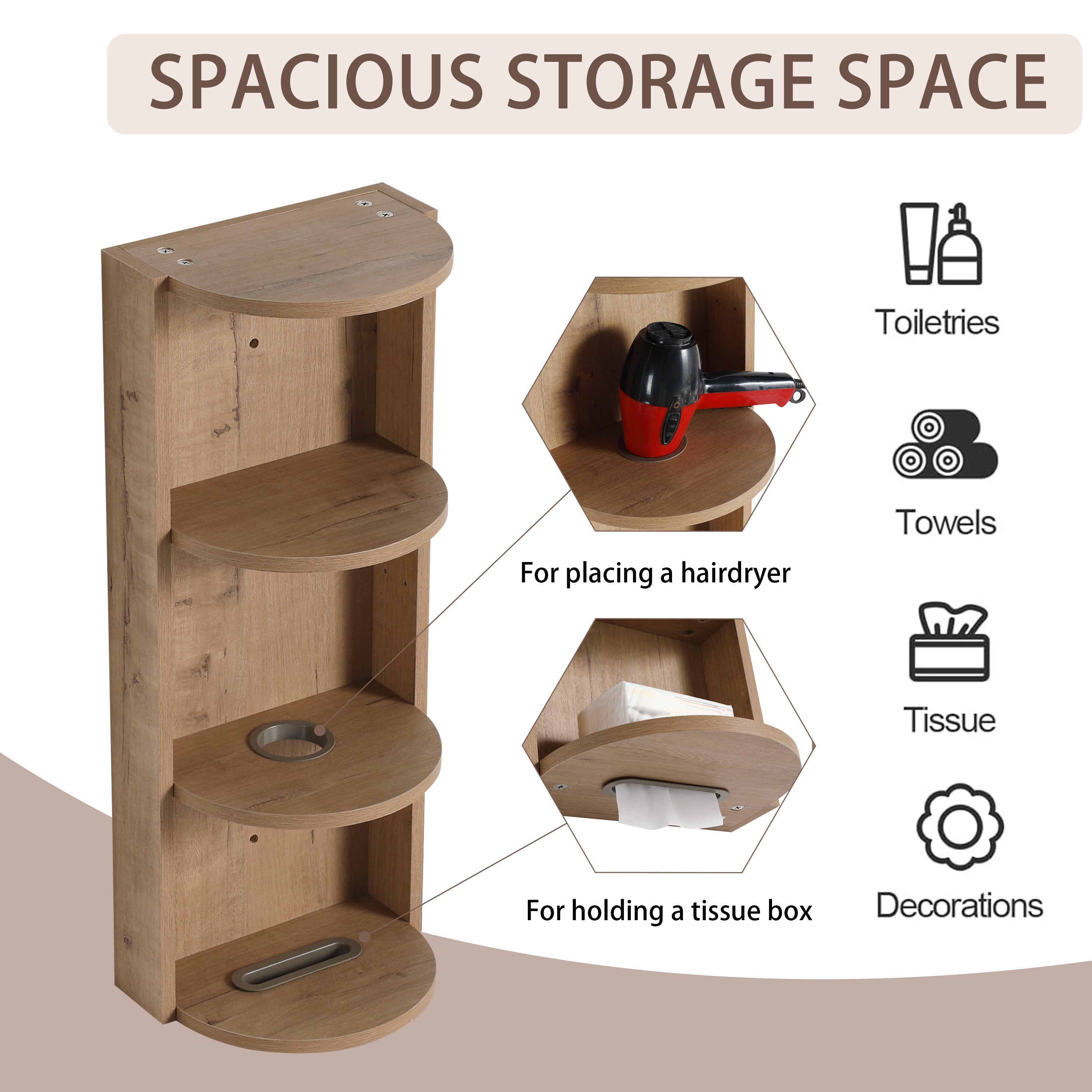 Modern Bathroom Wall-Mounted Storage Rack with Floating Design in Imitative Oak Plywood, 12 Inches