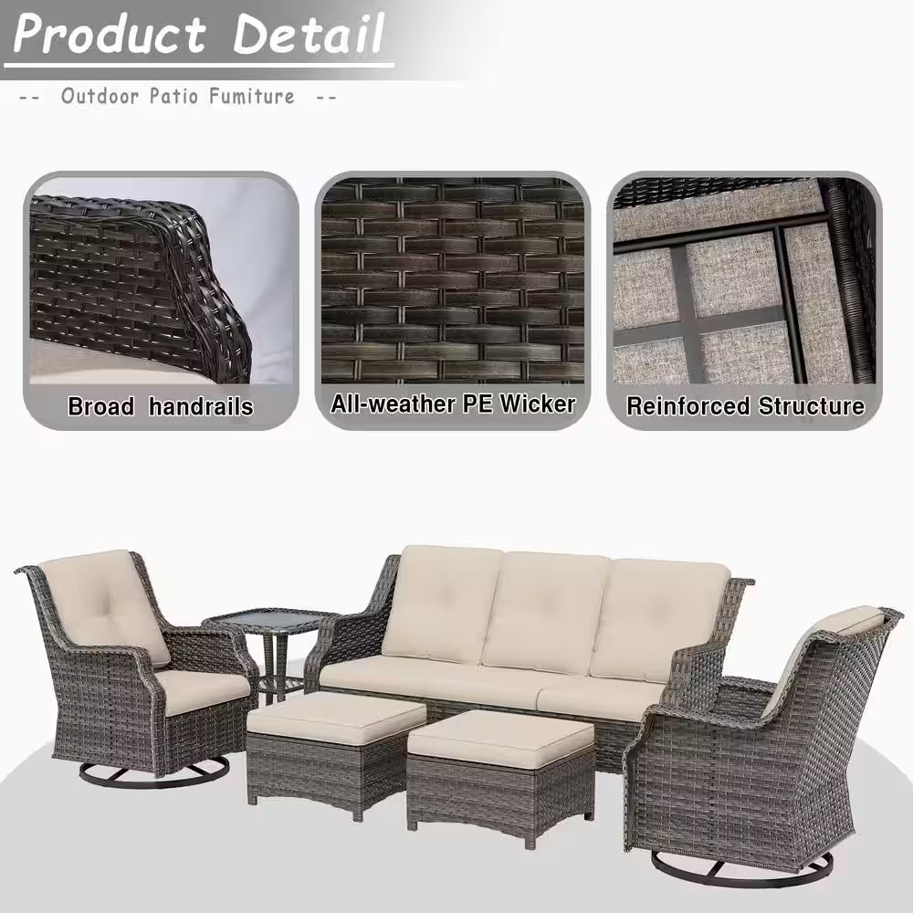 6-Pieces Wicker  Furniture Set Rattan Chair Wicker Set with Beige Cushion