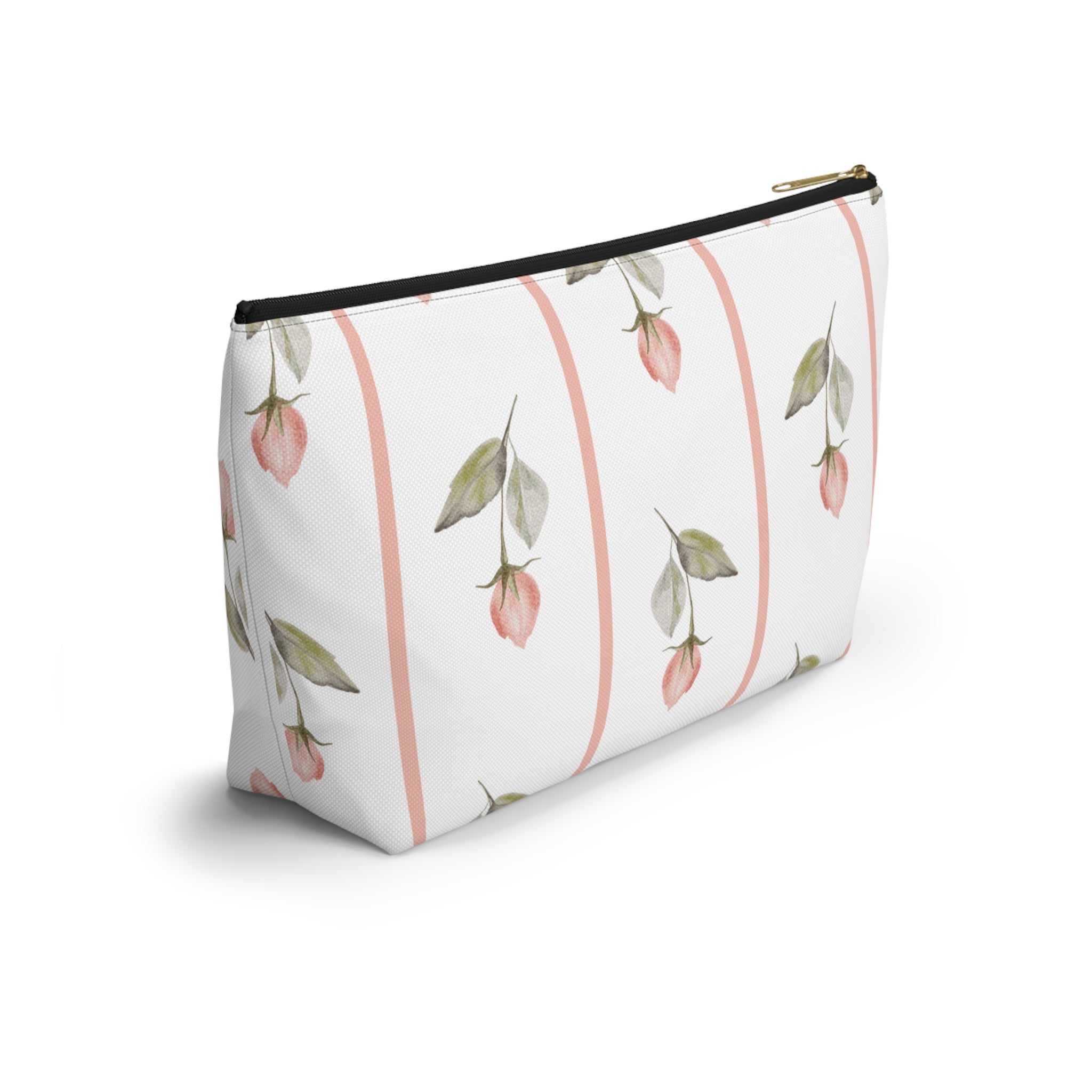 Customizable: Chic Floral Accessory Pouch for Women, Makeup Bag, Travel Toiletry Organizer, Gift for Her, Rose Striped Design