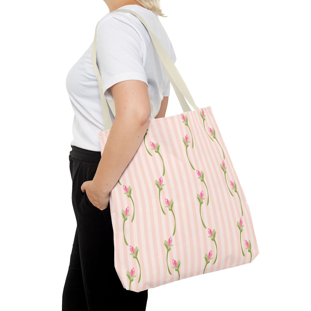 Customizable: Floral Stripe Tote Bag, Chic Shopping Tote, Spring Gift Bag, Eco-Friendly Reusable Bag, Perfect for Grad Gifts College Send off Gift