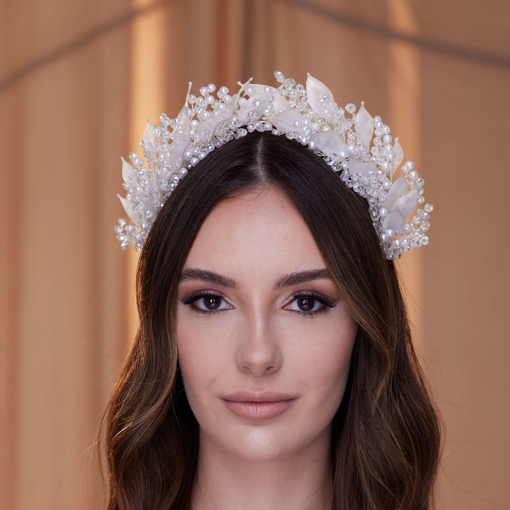 Crystal Pearl  Hair Band with Resin Leaves
