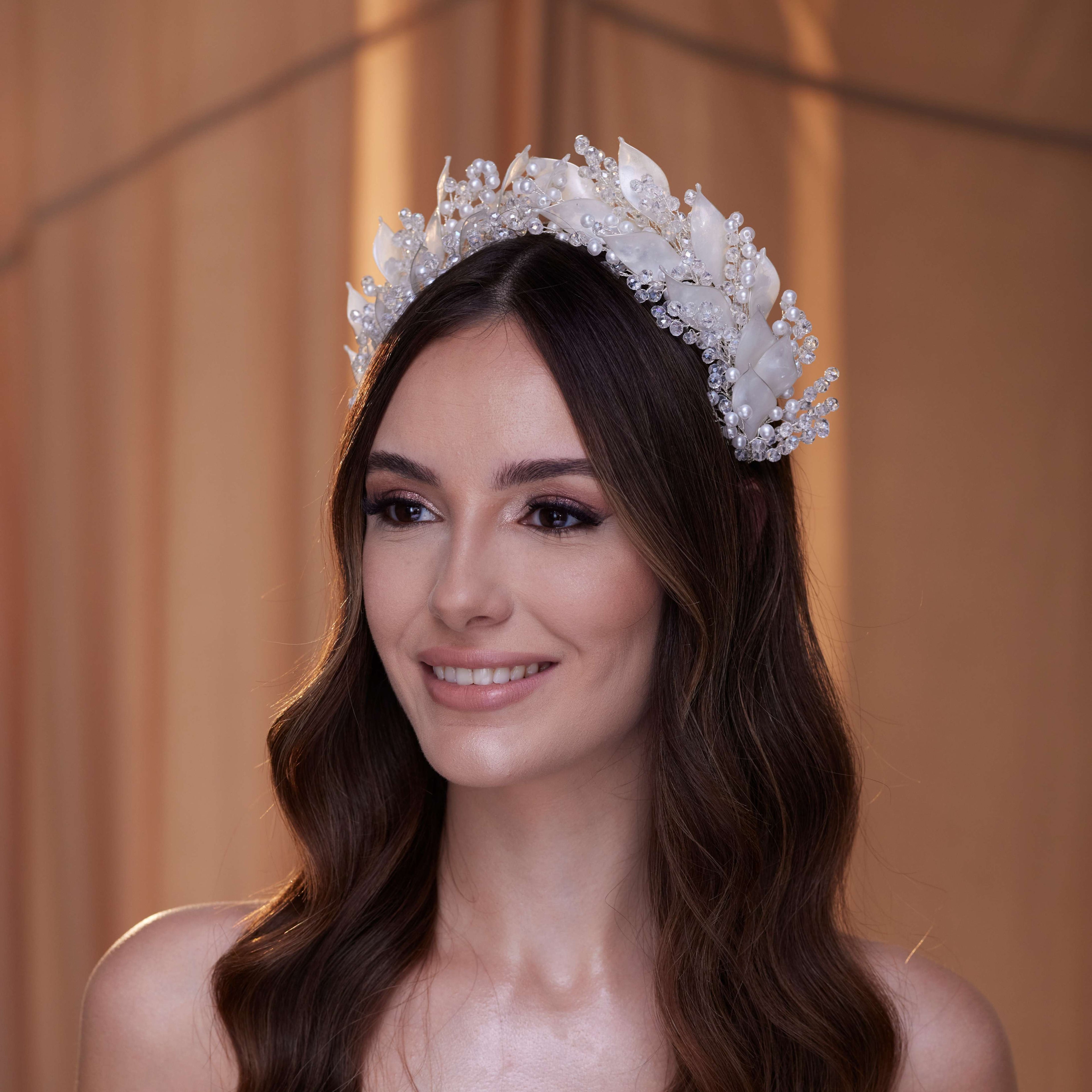 Crystal Pearl  Hair Band with Resin Leaves