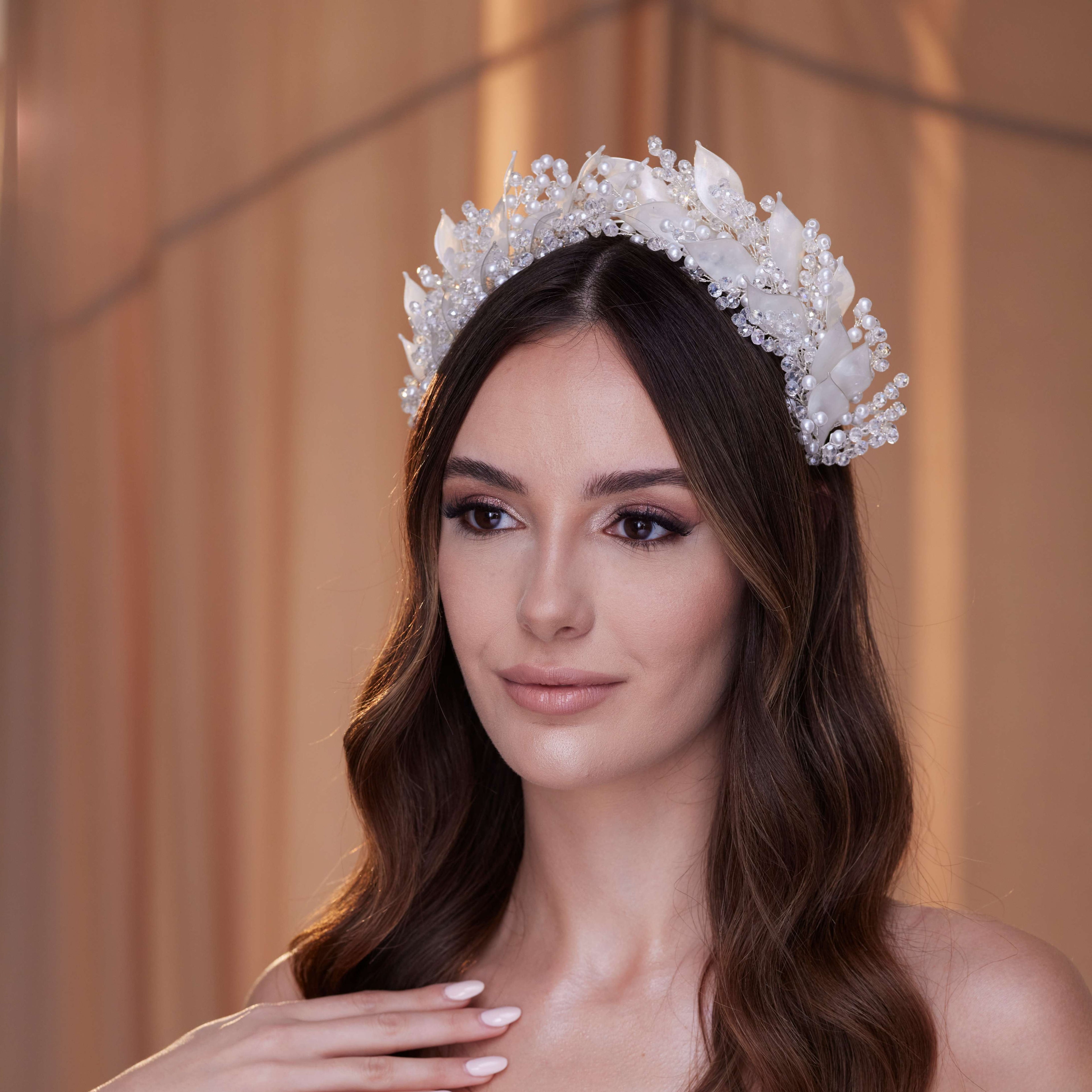 Crystal Pearl  Hair Band with Resin Leaves