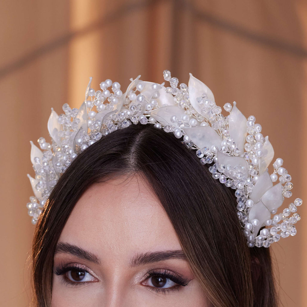 Crystal Pearl  Hair Band with Resin Leaves