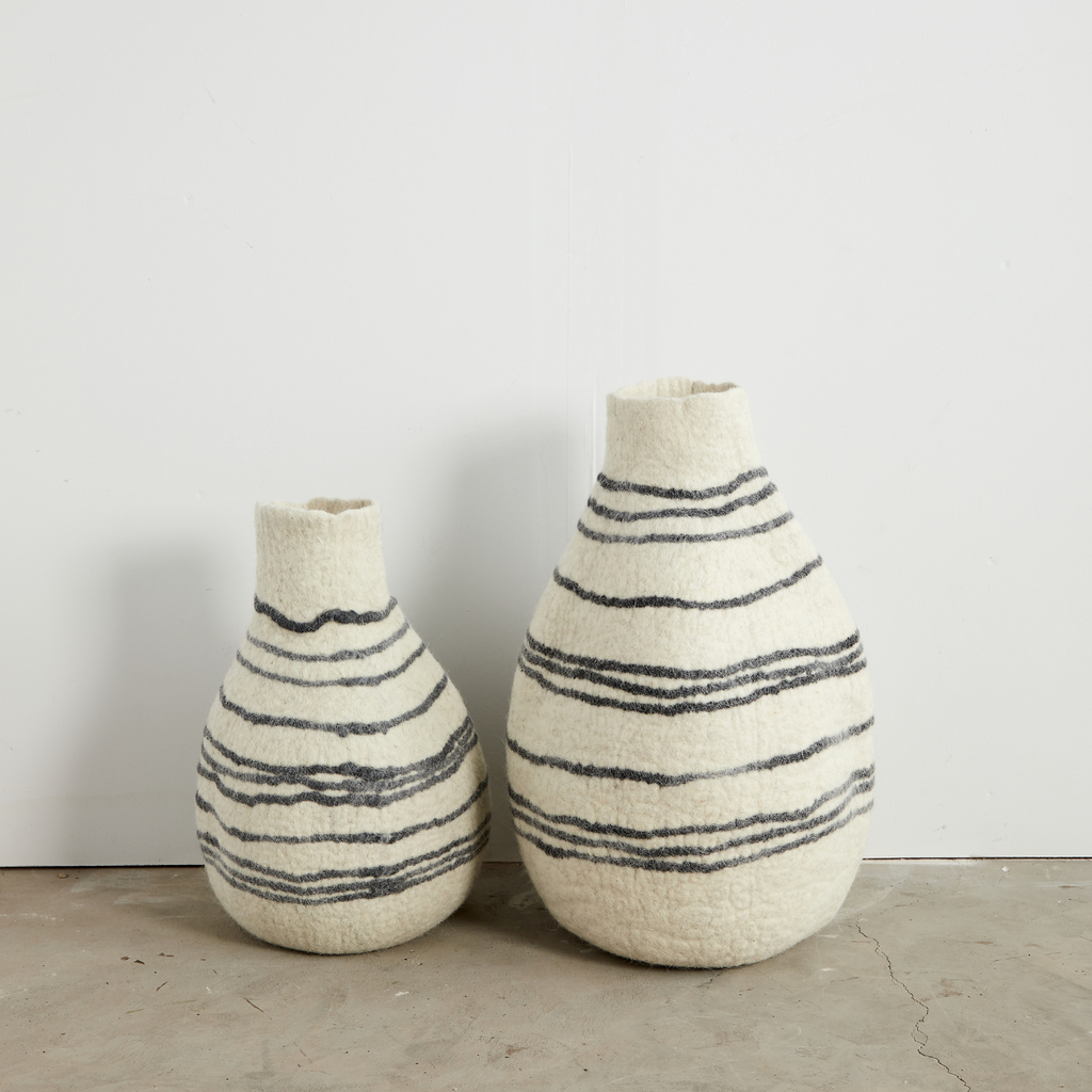 Tribal Lines Hand-Felted Wool Natural White Gourd Basket