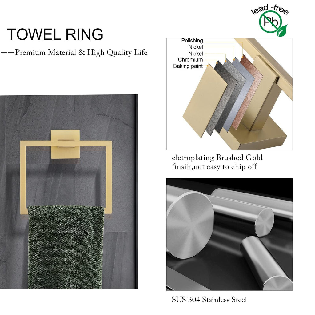 5-Piece Bathroom Hardware Accessories Set | Towel Bar, Wall Mounted, Brushed Gold