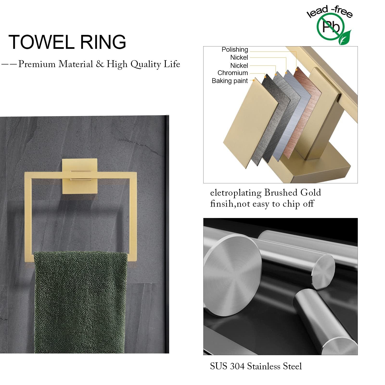 5-Piece Bathroom Hardware Accessories Set | Towel Bar, Wall Mounted, Brushed Gold
