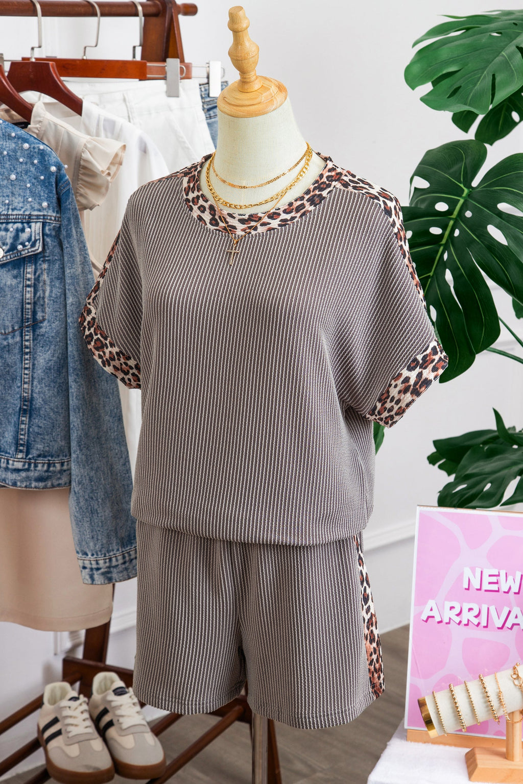 Leopard Trim Corded Top & Shorts Set