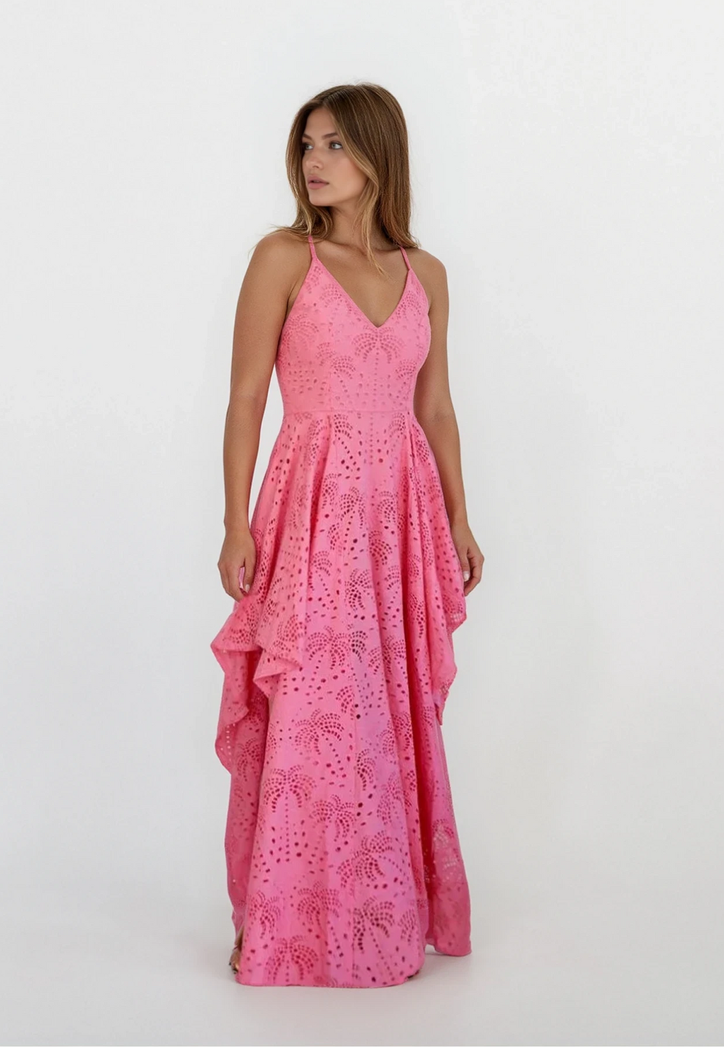 Palm Eyelet Cross Back Dress - Pink