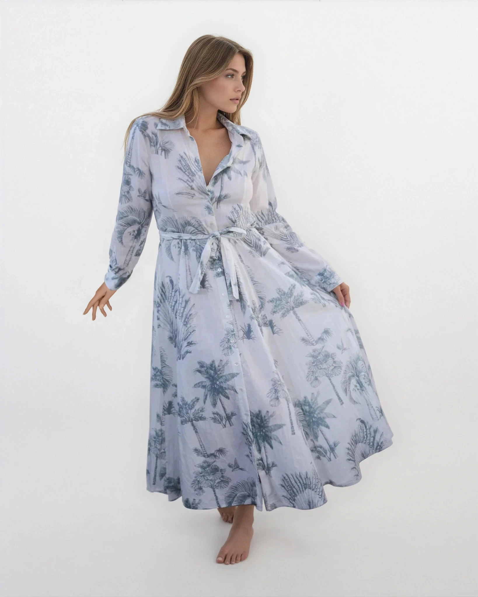 Sierra Dress in Faded Teal Palms