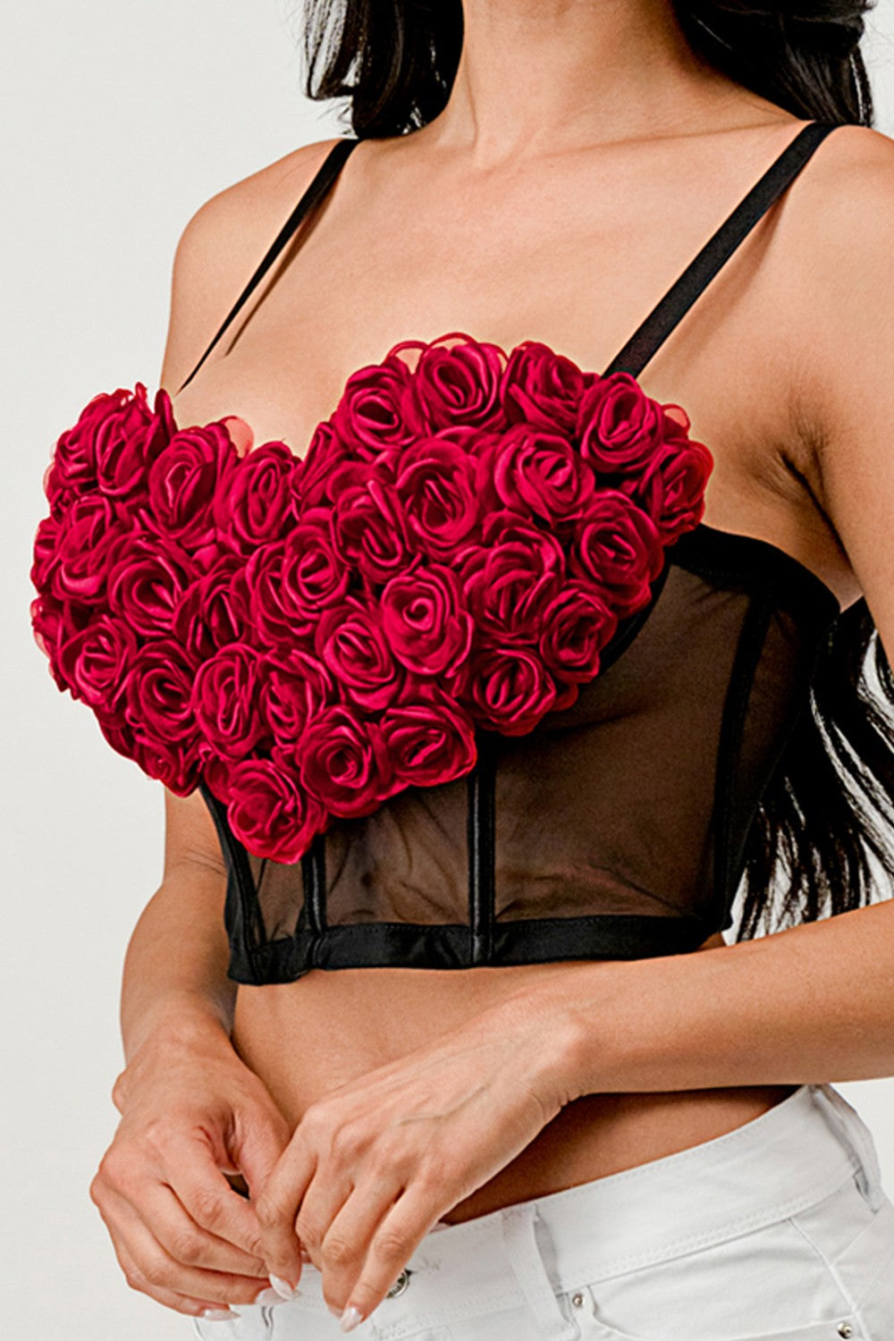 3D Heart Rose & Mesh Cropped Top- Black/Red