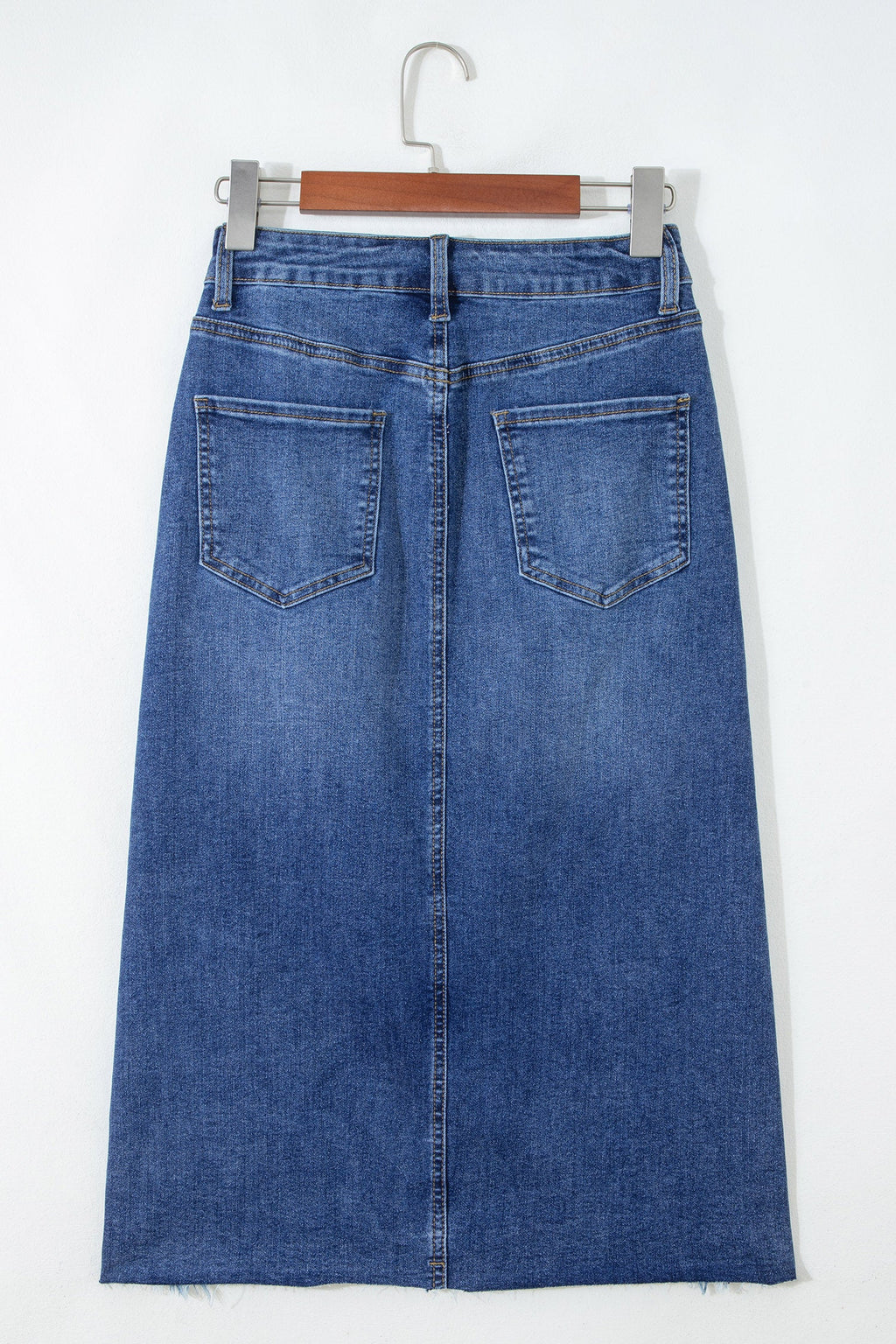 Denim Asymmetrical Distressed Midi Skirt