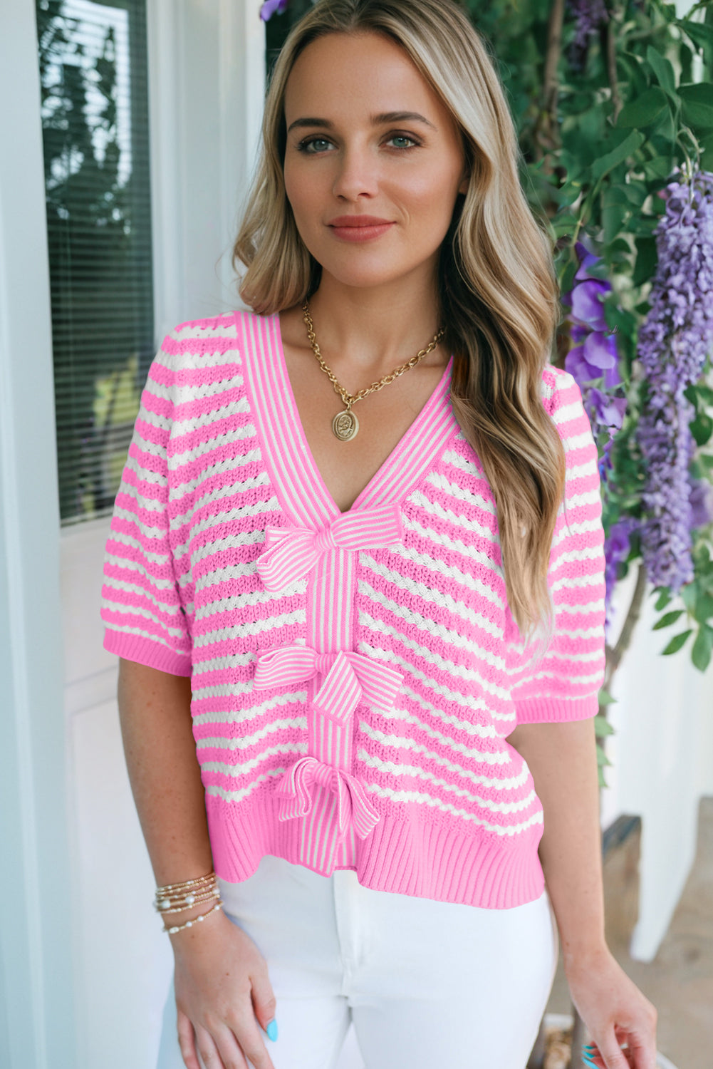 Stripe Bow Tie V-Neck Short Sleeve Sweater