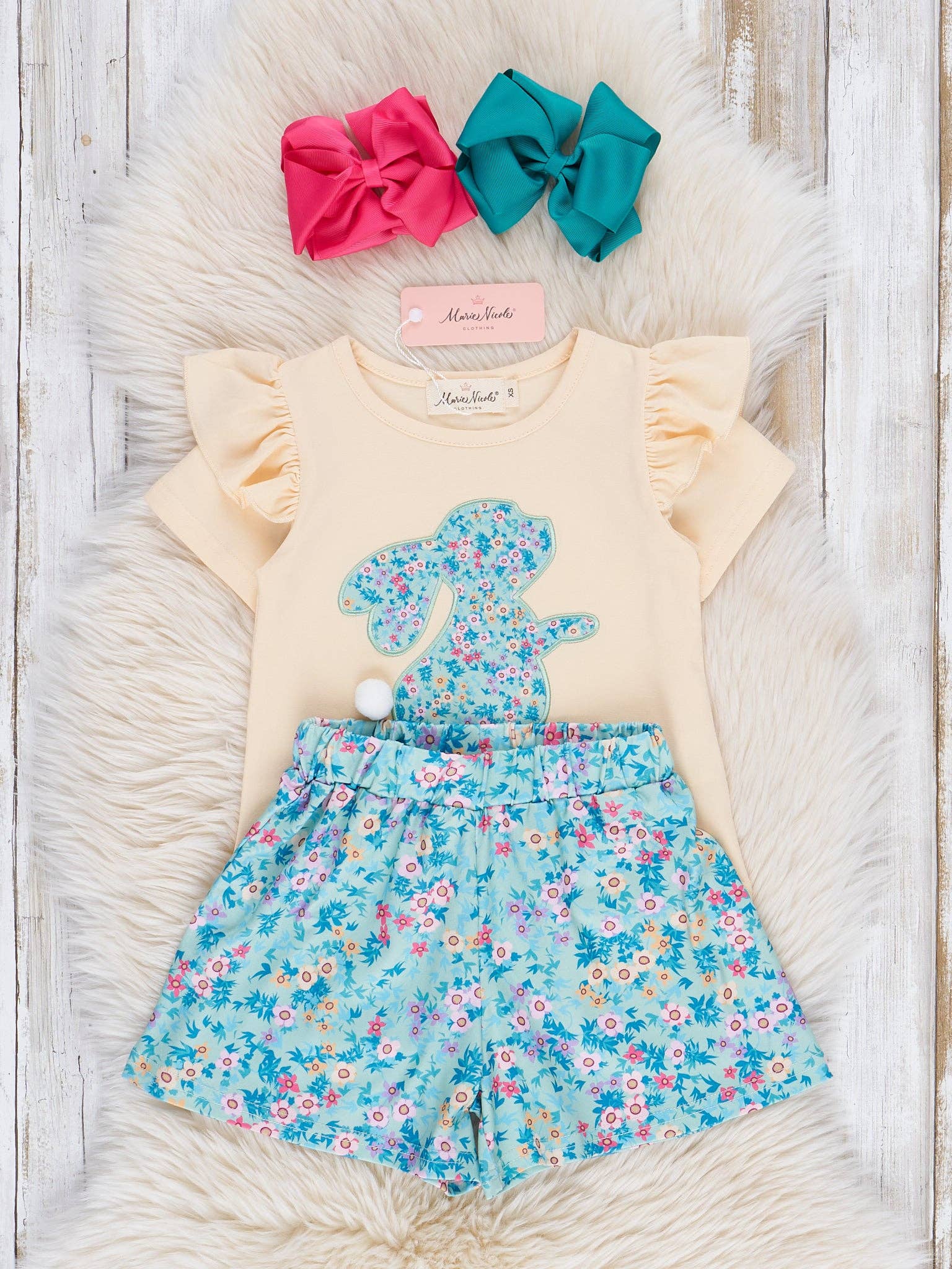 Turquoise Embroidered Floral Bunny Ruffle Outfit
