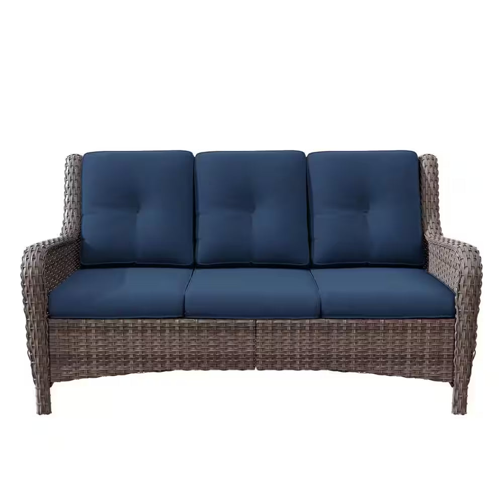 Stylish 3-Seat Wicker Sofa with Comfortable Blue Cushions