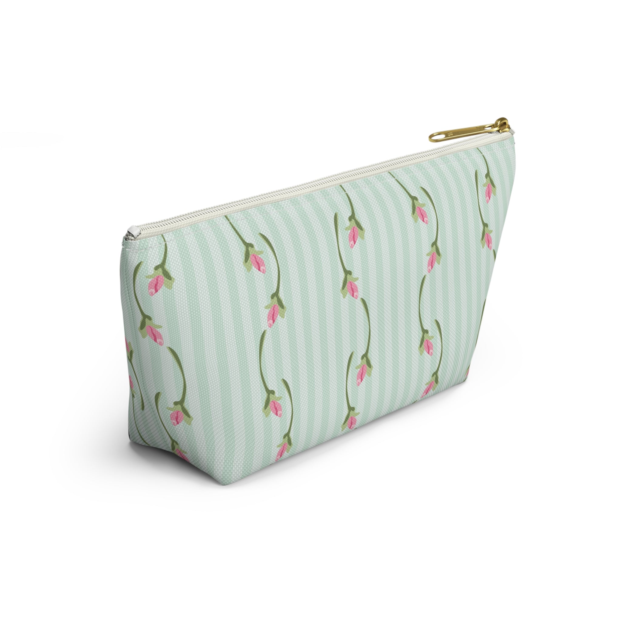 Customizable: Floral Print Accessory Pouch | Cute Makeup Bag, Travel Organizer, Gift for Her, Floral Clutch, Green Striped Bag
