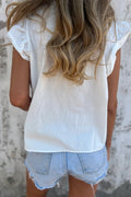 Lace Flutter Sleeve Pleated Round Neck Blouse