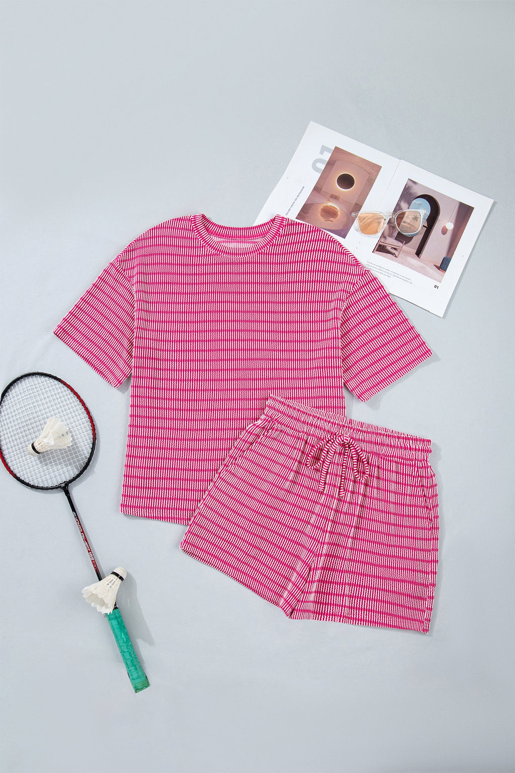 Stripe Ribbed Loose Tee & Drawstring Short Set