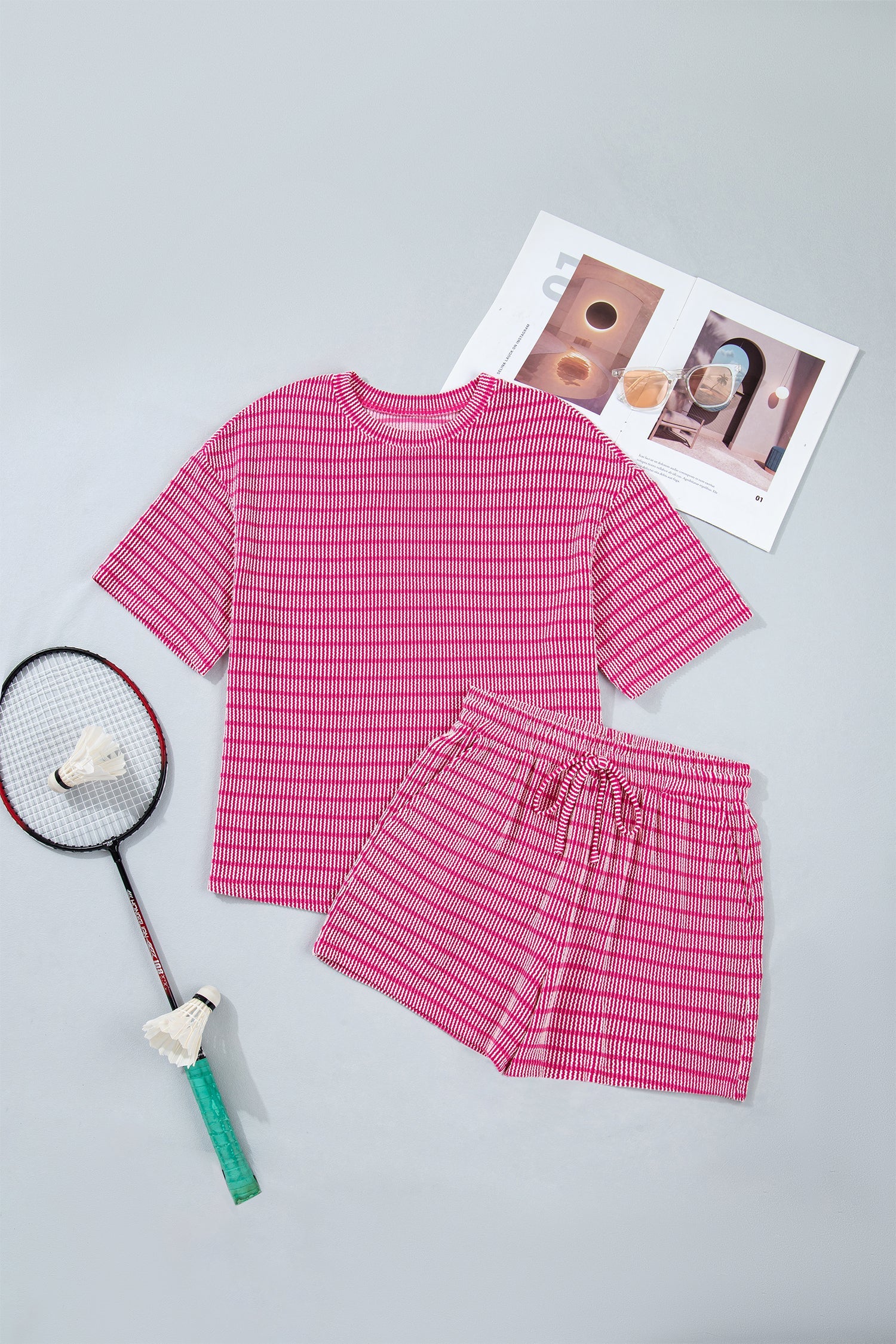 Stripe Ribbed Loose Tee & Drawstring Short Set