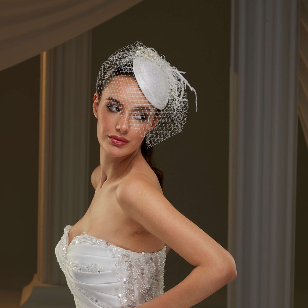 Elegant  Bridal Fascinator with Birdcage Veil, Pearls & Feathers