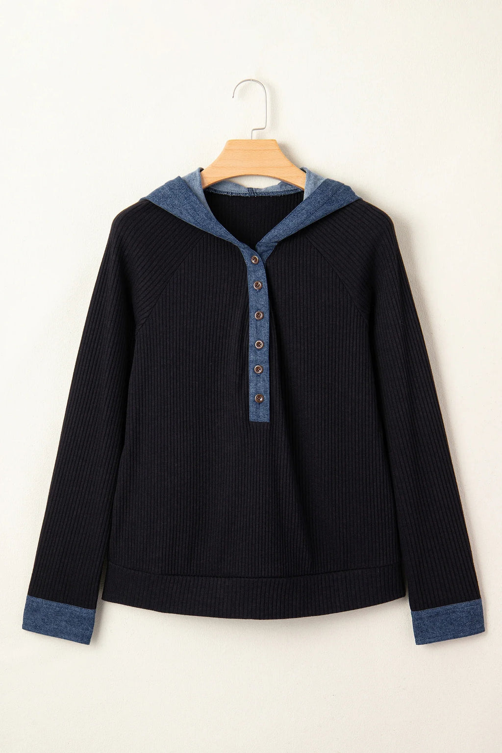Ribbed Knit Contrast Denim Patchwork Hooded Top
