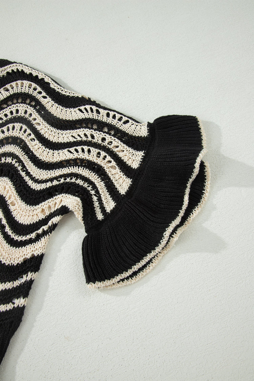 Wavy Stripe Ruffle 3/4 Sleeve Crochet Sweater