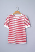 Stripe Contrast Trim Round Neck Puff Sleeve T-Shirt