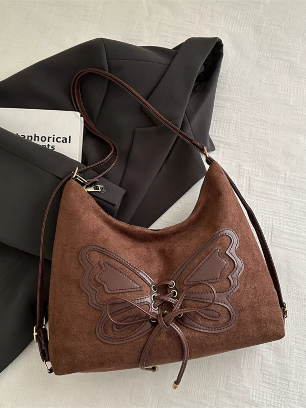 Butterfly Decor Shoulder Bag with Lace-Up Design
