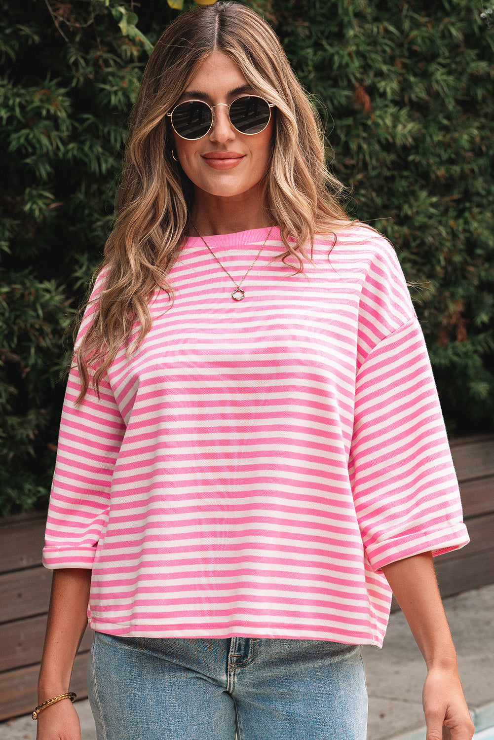 Riley Stripe Bowknot Cutout Back Loose Top