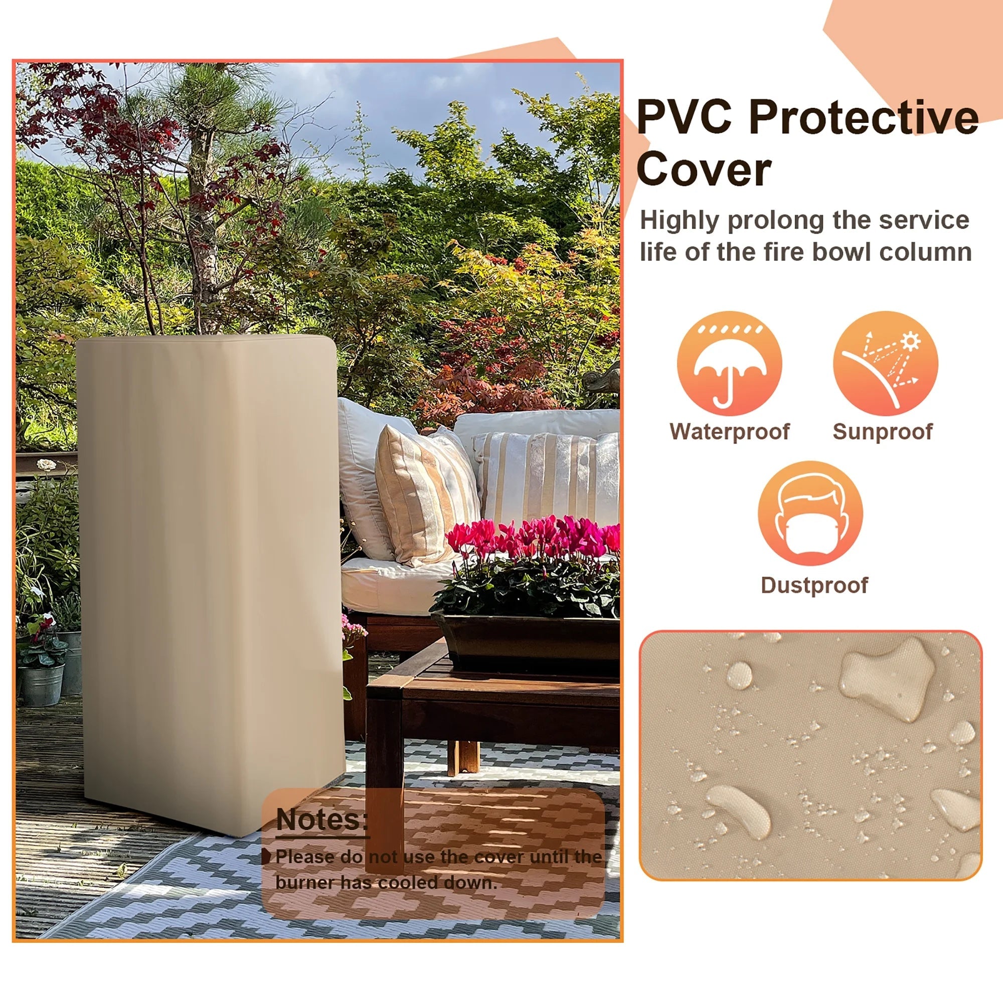 Tall Outdoor Fire Pit 48", Propane Fire Column, 30,000 BTU with Cover