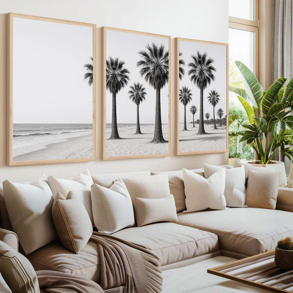 3 Piece Beach Wall Art – Palm Trees and Ocean in Black & White