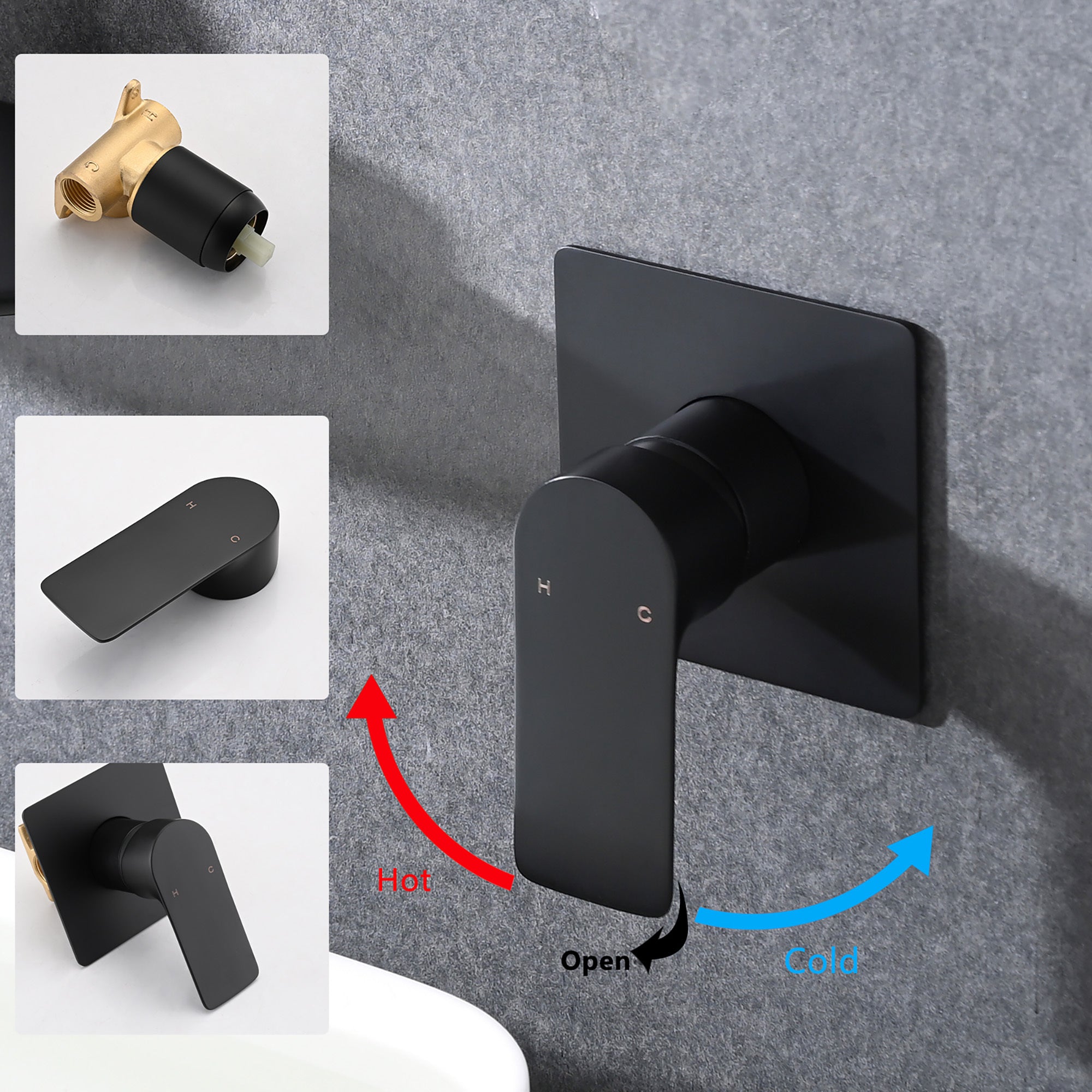 Modern Matte Black Wall Mount Bathroom Sink Faucet with Waterfall Spout and Brass Rough-in Valve