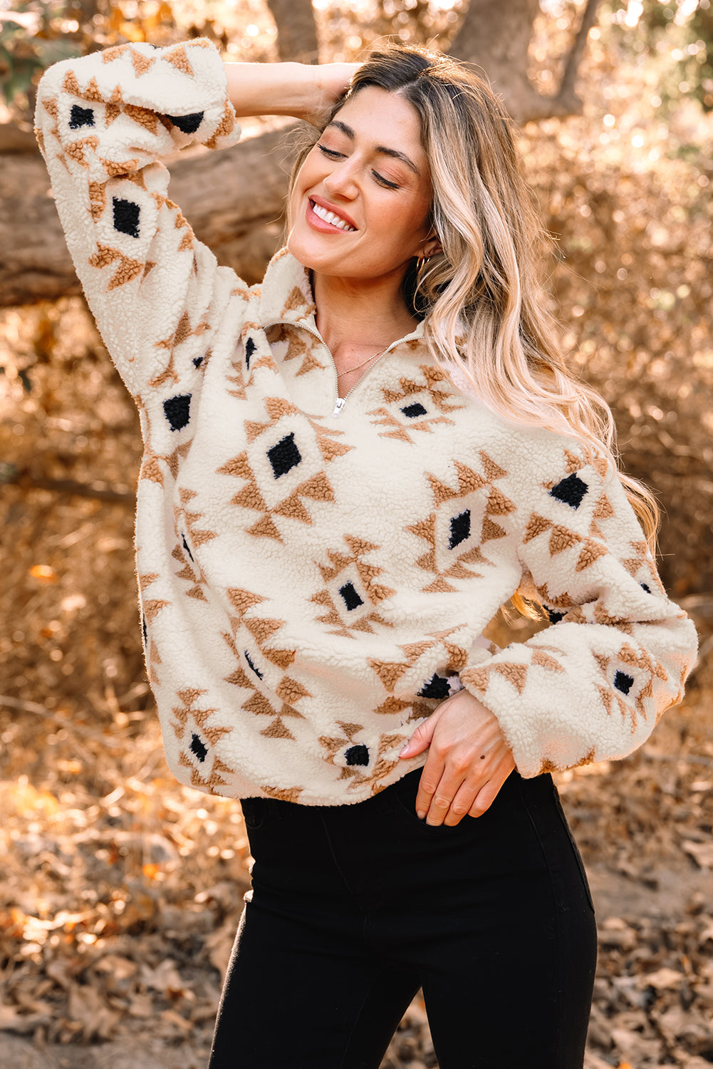 Western Aztec Sherpa Quarter-Zip Collared Sweatshirt