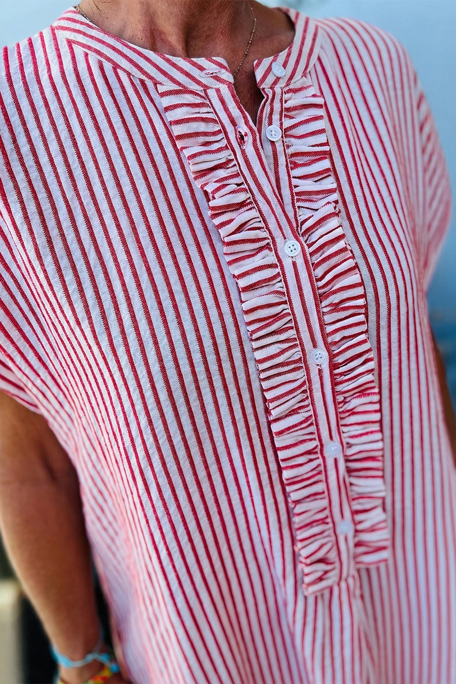 Stripe Frilled Half Buttoned Maxi Dress