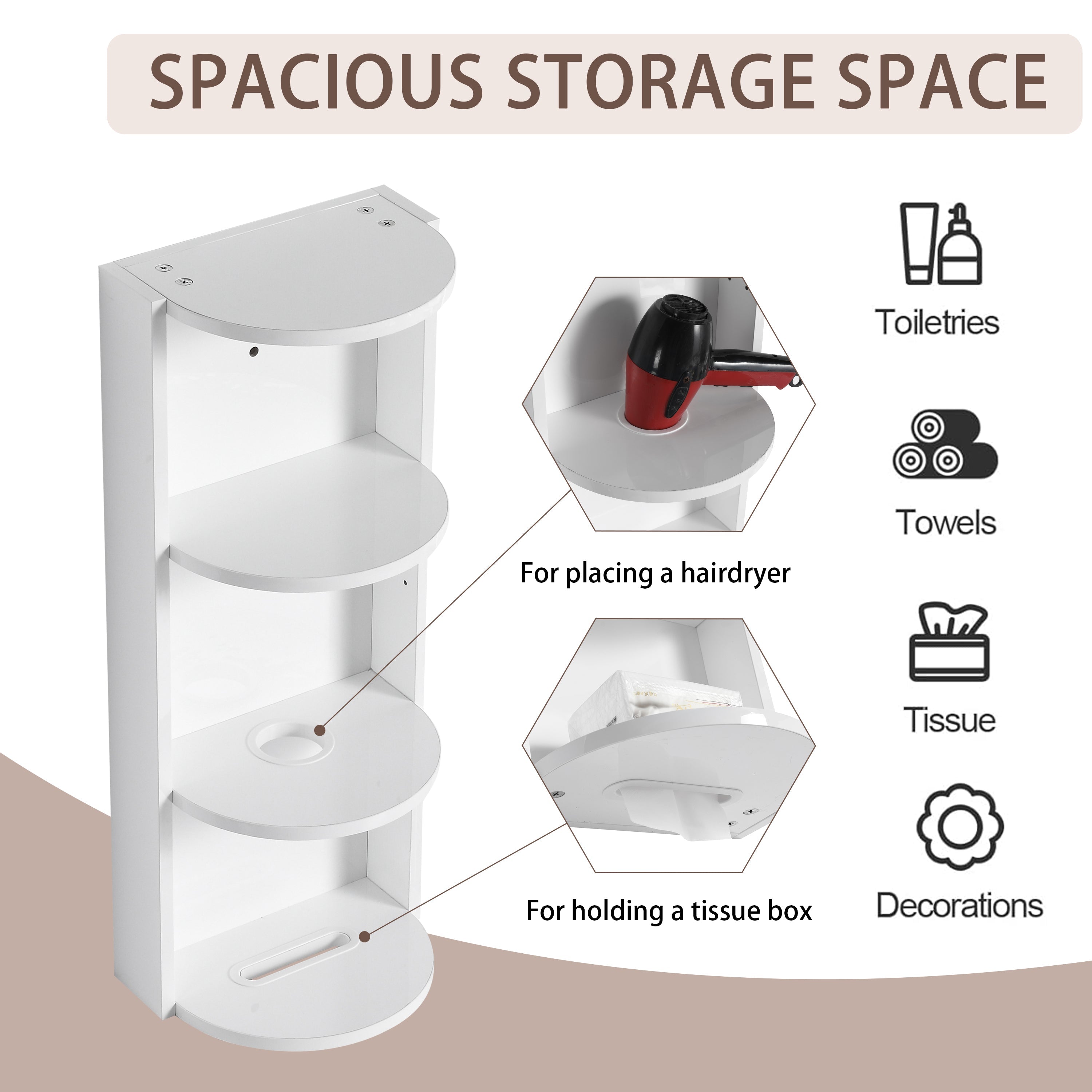 Glossy White 12' Bathroom Wall-Mounted Storage Rack with Float Mounting Design, Durable Plywood