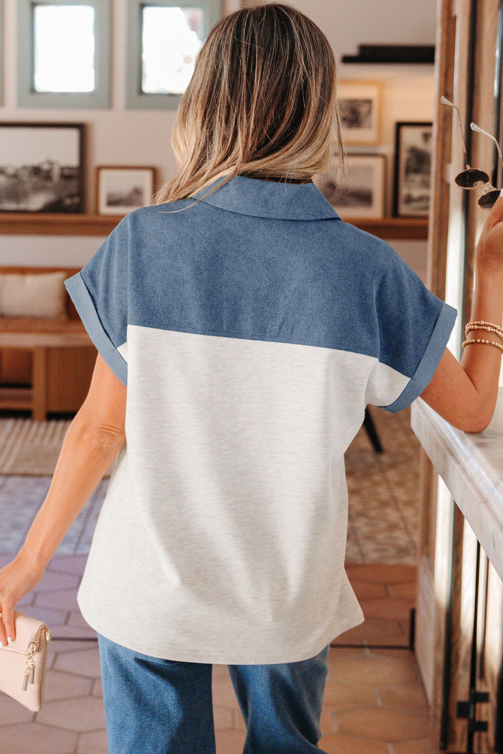 Colorblock Denim Patchwork Buttoned Polo Top