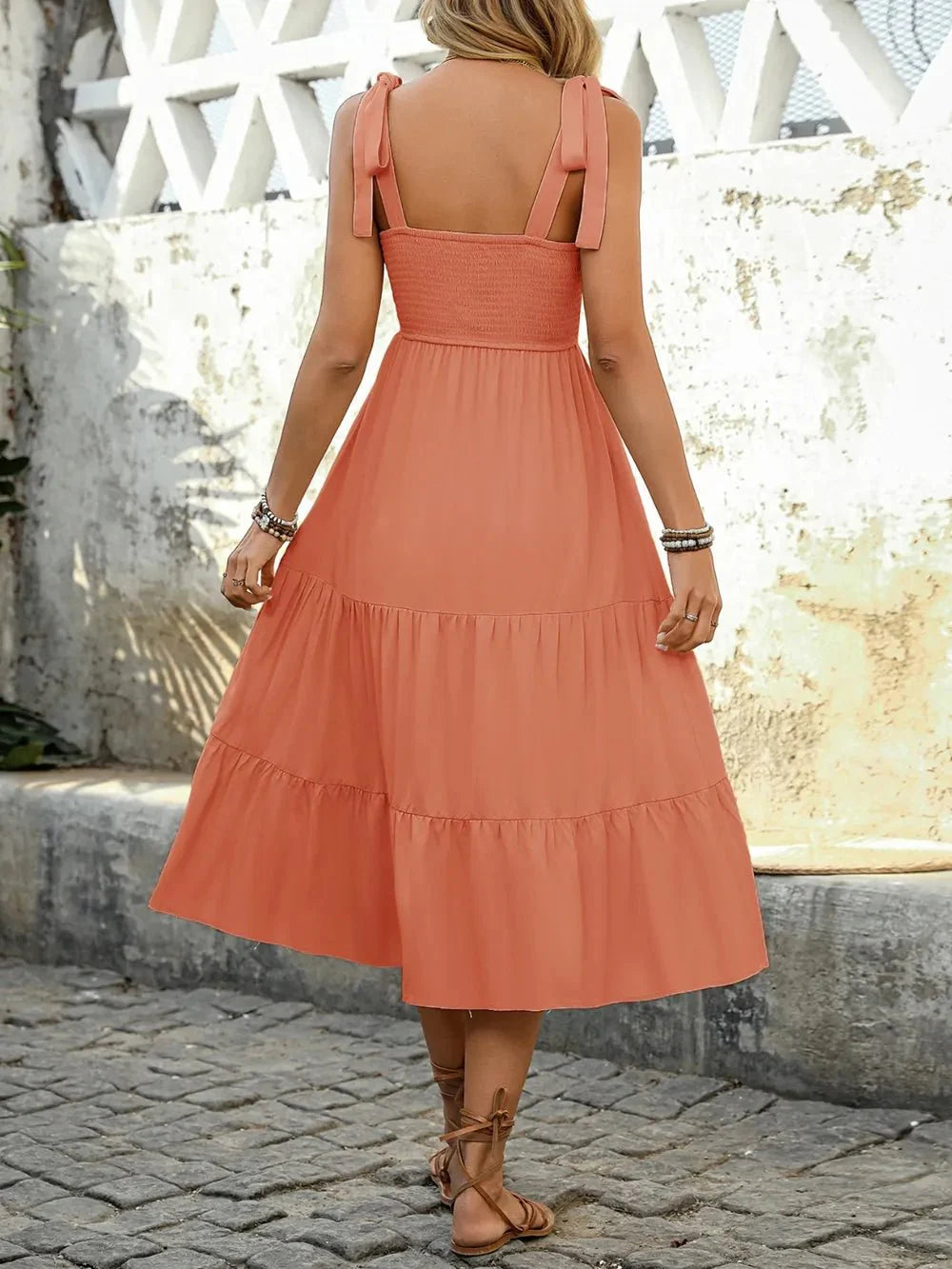 Tie Shoulder Midi Dress - Square Neck Tiered Midi Dress for Effortless Style